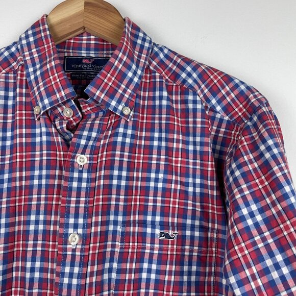Vineyard Vines Shirt Mens Red & Blue Plaid Slim Fit Tucker Button Up Whale - M - Picture 4 of 5
